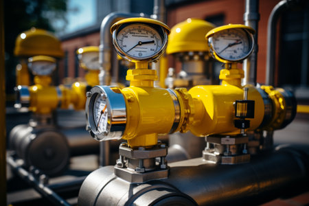 Yellow gas pipeline system with pressure meter, industrial gas pipes for distributionの素材