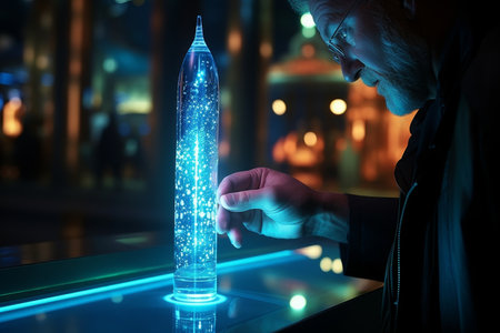 Female medical vaccinologist carefully examines glowing liquid in a laboratory glass flaskの素材