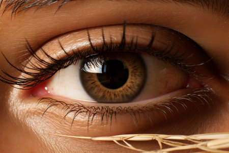title. close-up of brown eye with detailed texture and iris macro shot,の素材