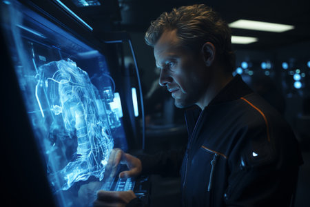 Male photoradiologist examining patients photo on computer screen in medical officeの素材
