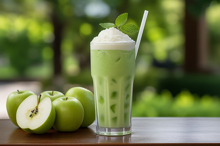 Fresh green apple juice on bokeh background with ample space for text - healthy drink conceptの素材