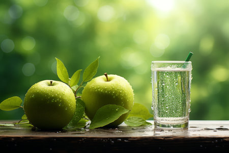 Refreshing green apple juice on blurred green bokeh background with plenty of space for textの素材