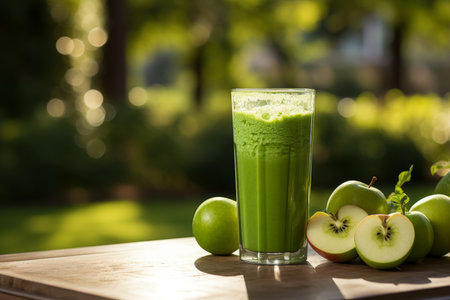 Refreshing green apple juice in glass with fruits on green bokeh background, copy space availableの素材