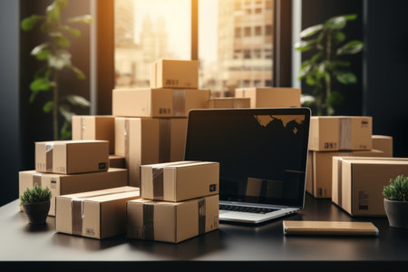 Leptopo on background of packaging boxes for online marketing, SME e-commerce telemarketing conceptの素材