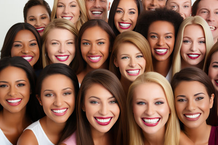 Multiple smiling headshots of diverse men and women on white background looking at the cameraの素材