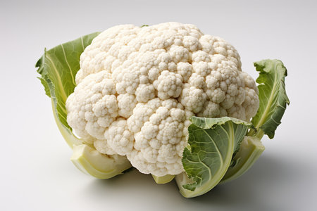 Fresh cauliflower against clean white backdrop for eye-catching ads and packaging designの素材