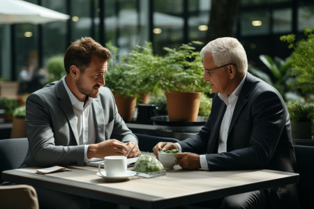 A business man and an elderly man are sitting in a cafe and talking. Family conceptの素材