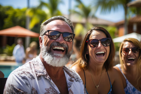 Senior group smiling in indoor pool, enjoying vacation and reminiscing on shared memoriesの素材