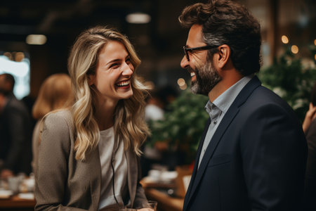 Happy businesswoman and man smiling at each other in a cafe, love and romance conceptの素材