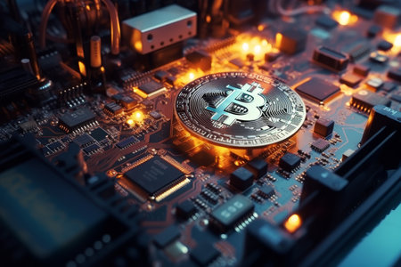 Bitcoin cryptocurrency close-up on circuit board with microcircuit and chip technologyの素材