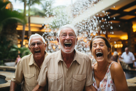 Elderly group enjoying vacation in indoor pool, smiling faces reflect shared memoriesの素材