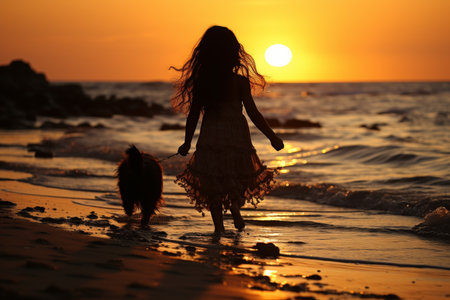 Young girl and cute puppy walking along the sunlit beach by the captivating sea with gentle wavesの素材