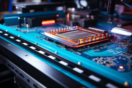 Close-up of microcircuit and chip assembly on printed circuit board in automated workshopの素材