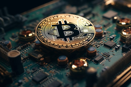 Bitcoin cryptocurrency close-up on circuit board with microcircuit and chip assembly in workshopの素材