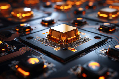 Close-up of circuit board with microcircuit and chip, automated assembly workshopの素材