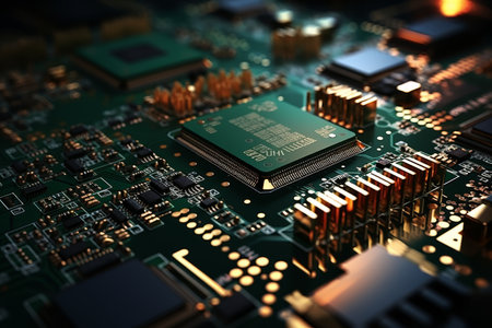 Close-up of printed circuit board with automated chip assembly in technology manufacturingの素材