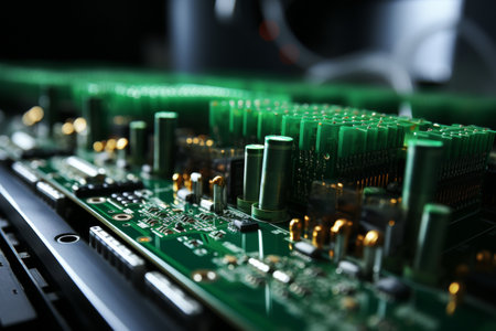 Close-up of printed circuit board with microcircuit and chip in automated assembly workshopの素材