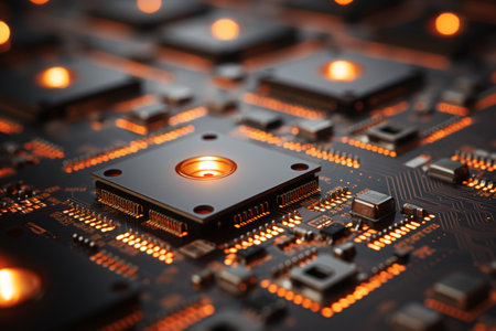 Close-up of printed circuit board with microcircuit and chip assembly in workshopの素材