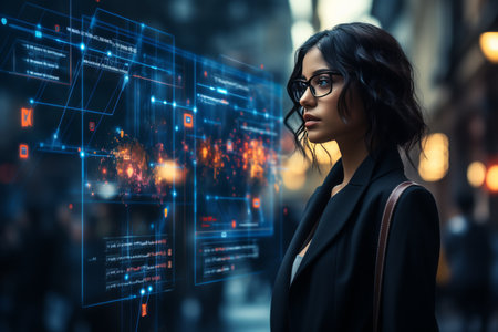 Young asian girl watching graphical user interface. Communication network. Gui concept.の素材