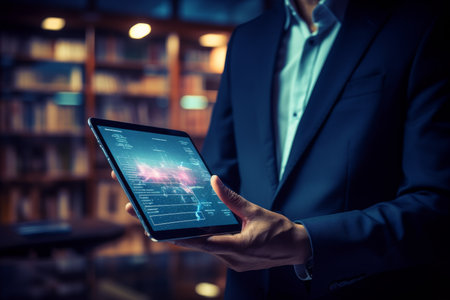 Businessman using tablet computer in modern server room data center for network and data managementの素材