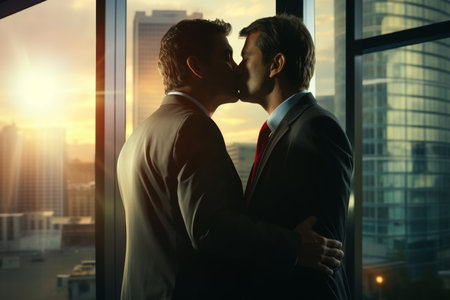 Close-up of European businessmen kissing near window on sunny summer day in modern officeの素材