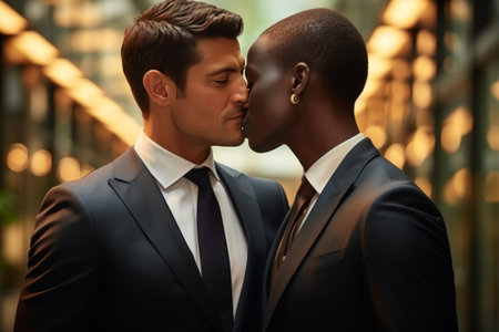 Close-up of afro and European businessmen kissing near window on clear summer day in modern roomの素材