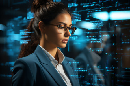 Young businesswoman using futuristic cyber technologies and virtual holograms with digital dataの素材