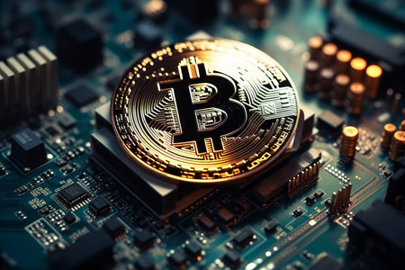 Bitcoin cryptocurrency on circuit board with microcircuit and chip, blockchain technologyの素材