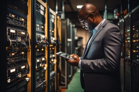 Afro businessman using tablet in modern server room for data management and security purposesの素材