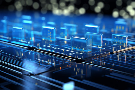 Abstract futuristic montage tab. Blue computer tech background. Hitech digital technology concept.の素材