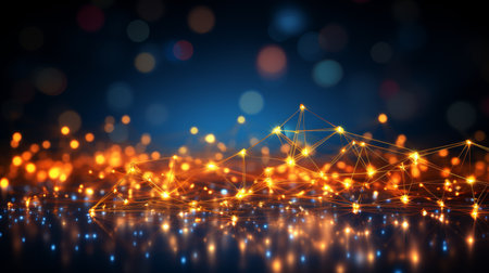 Network communications background with glowing particles and connecting lines in blue toneの素材