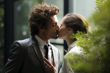 Romantic office kiss. man and woman by window in multi-story office building, love at workの素材