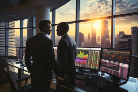 European businessmen kissing near a window in a modern office on a sunny summer dayの素材