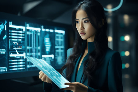 Asian girl using hands to manipulate gui interface for communication network programmingの素材