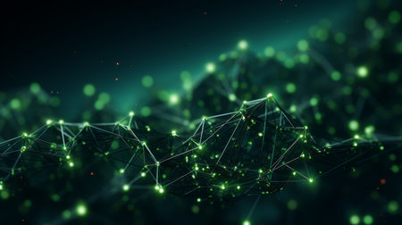 3d network communication background with glowing particles and connecting lines in light green toneの素材