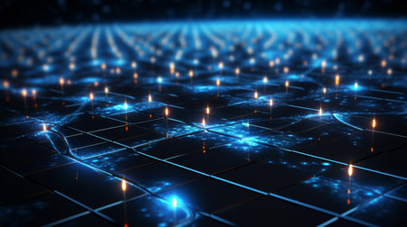 Abstract blue 3d network communications background with glowing particles and connecting linesの素材