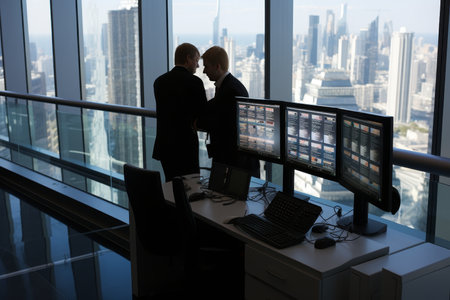 Two European businessmen kissing by window in modern office during clear summer dayの素材
