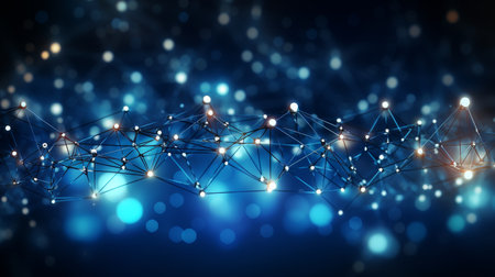 Blue 3d network communications background with glowing particles and connecting linesの素材