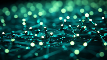 3d network communications green glowing particles connecting lines abstract backgroundの素材