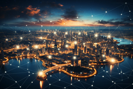 Cityscape global computing network on earth blockchain. futuristic technology in urban landscapeの素材