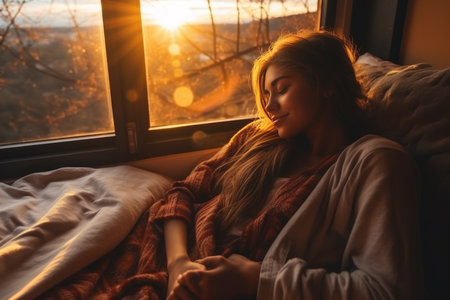Close-up of woman by window at sunset in home, romantic rest, dreams, relaxation after workの素材