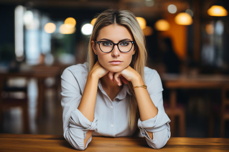 Portrait of a thoughtful businesswoman wearing glasses sitting at a table and gazing at the cameraの素材