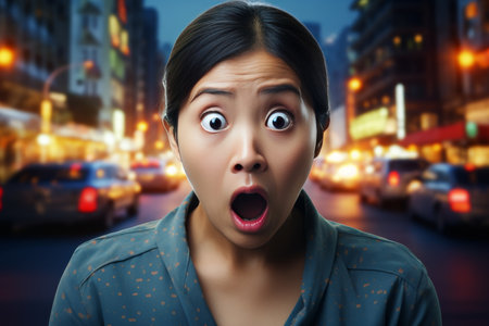 Surprised Asian womans face on blurred night street. Fear concept, shocking female expressionの素材
