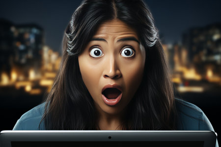 Portrait of worried woman feeling anxious while reading unsettling news in an email on her laptopの素材