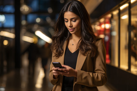 Happy woman shopping online using smartphone standing in the night cityの素材