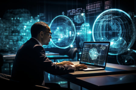 Programmers coding ai on laptops and smartphones with tech icons, binary code, big data, ai botの素材