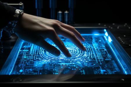 Digital tablet screen pressed on blue binary code background. Communication technology connection.の素材