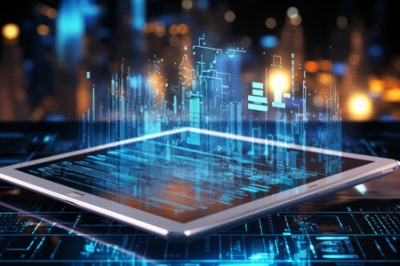 Hand on Digital tablet screen on blue binary code background. Communication connection technologiesの素材