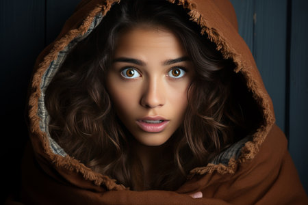 Close-up portrait of a frightened young woman with a scared expression conveying fear and anxietyの素材