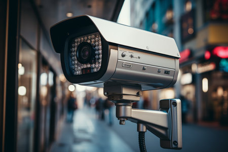 Surveillance cameras monitoring building near office complex for increased security measuresの素材